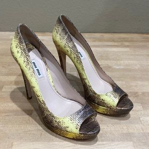 Miu Miu Python Snakeskin Leather Heels Open Toe Multicolor Sz 39 , 8.5 Platform